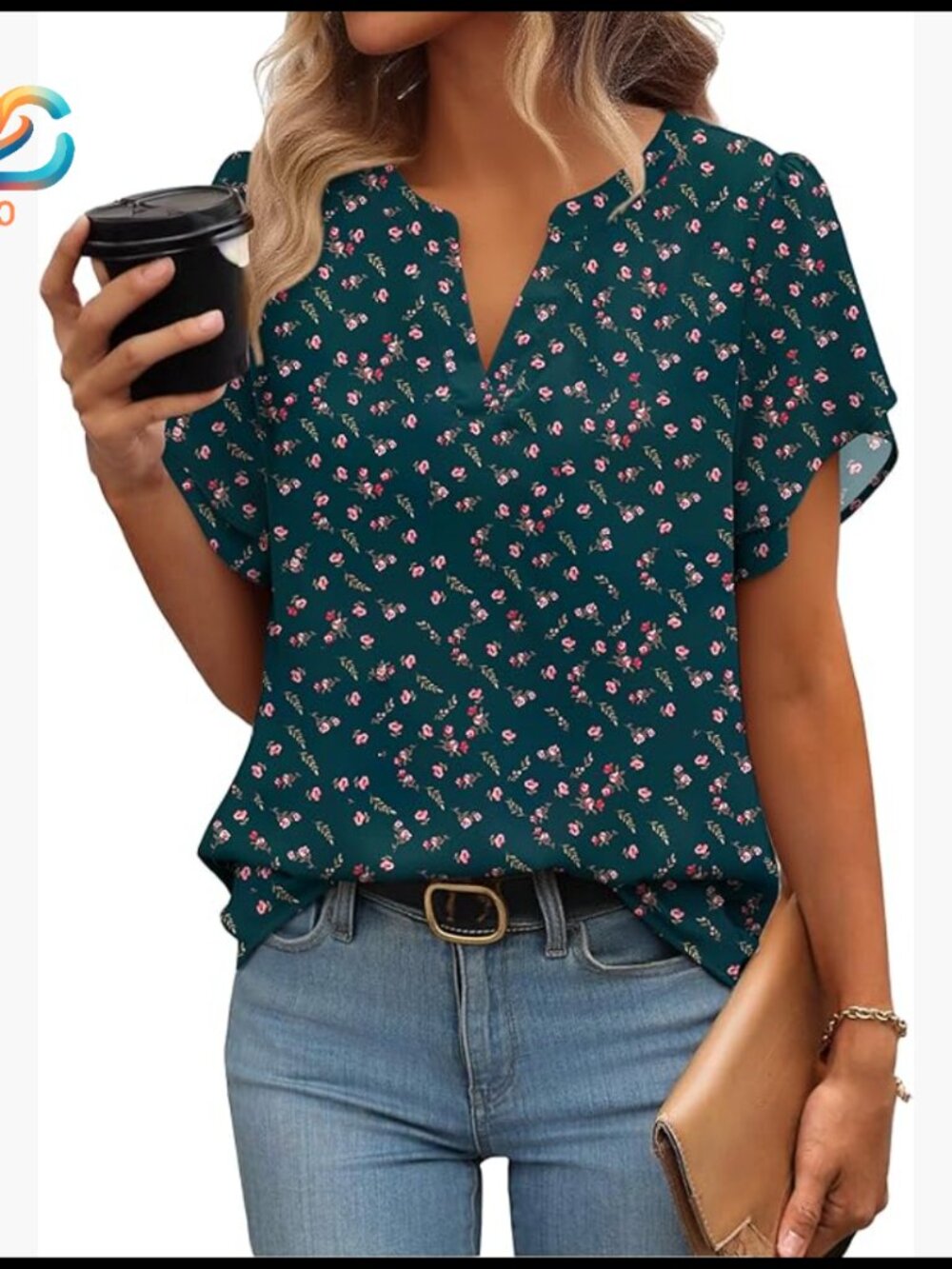 Lightweight Chiffon Blouse With Petal Sleeves, V-Neck, Business Casual Top